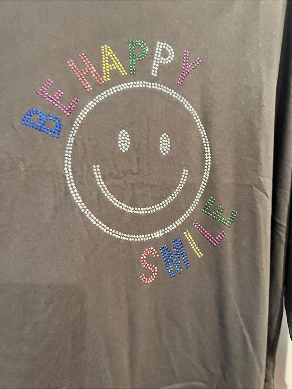 Fantastic Fawn Brown Sweater with Multicolor Rhinestone 'Be Happy Smile'